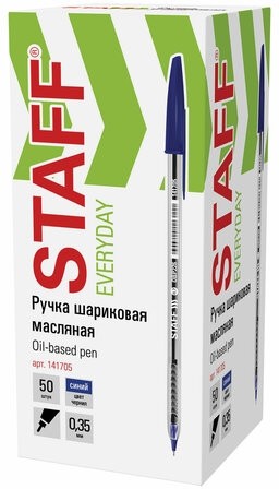 Ручка шариковая масляная STAFF "EVERYDAY" OBP-226, СИНЯЯ, корпус прозрачный, игольчатый узел 0,7 мм, линия письма 0,35 мм, 141705