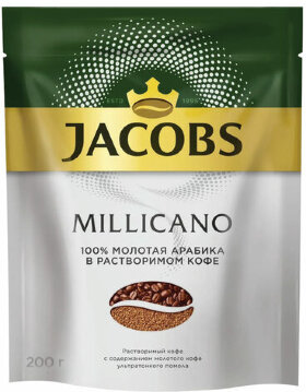 Кофе молотый в растворимом JACOBS &quot;Millicano&quot;, сублимированный, 200 г, мягкая упаковка, 8052484