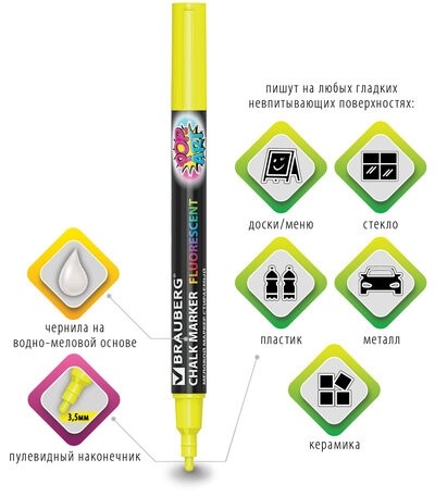 Маркер меловой "POP-ART" ЖЕЛТЫЙ, 3,5 мм, стираемый, для гладких поверхностей, BRAUBERG, 151520