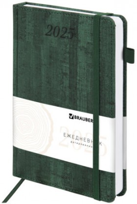 Ежедневник датированный 2025, А5, 138x213 мм, BRAUBERG &quot;Wood&quot;, под кожу, держатель для ручки, резинка-фиксатор, зеленый, 115833