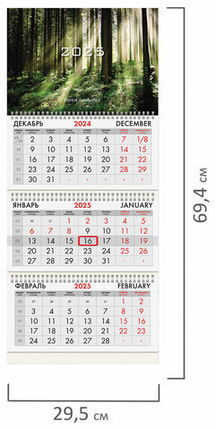 Календарь квартальный на 2025 г., 3 блока, 3 гребня, с бегунком, офсет, BRAUBERG, "Сказочный лес", 116100