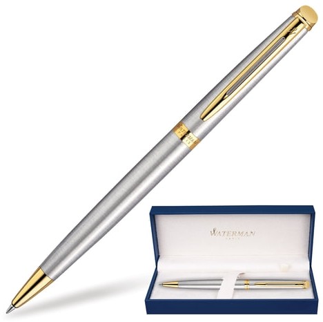 Ручка подарочная шариковая WATERMAN "Hemisphere Stainless Steel GT", серебристый корпус, позолоченные детали, синяя, S0920370