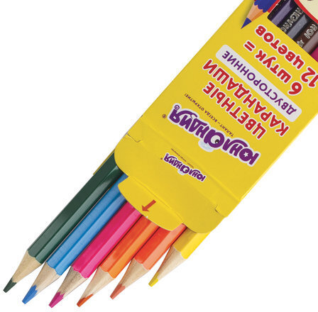 Карандаши двусторонние ЮНЛАНДИЯ "ГЛЯДЕЛКИ", 6 штук, 12 цветов, заточенные, европодвес, 181372