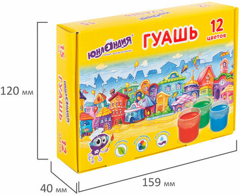 Гуашь ЮНЛАНДИЯ "ДОМИКИ", 12 цветов по 15 мл, 192561