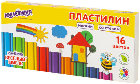 Пластилин мягкий ЮНЛАНДИЯ "ВЕСЕЛЫЙ ШМЕЛЬ", 16 цветов, 240 г, СО СТЕКОМ, 106673