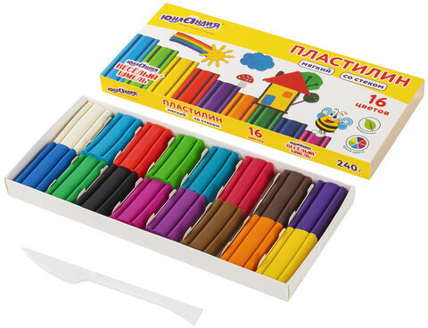 Пластилин мягкий ЮНЛАНДИЯ "ВЕСЕЛЫЙ ШМЕЛЬ", 16 цветов, 240 г, СО СТЕКОМ, 106673