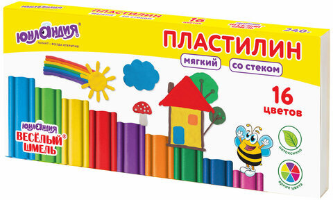 Пластилин мягкий ЮНЛАНДИЯ "ВЕСЕЛЫЙ ШМЕЛЬ", 16 цветов, 240 г, СО СТЕКОМ, 106673
