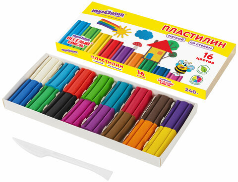 Пластилин мягкий ЮНЛАНДИЯ "ВЕСЕЛЫЙ ШМЕЛЬ", 16 цветов, 240 г, СО СТЕКОМ, 106673