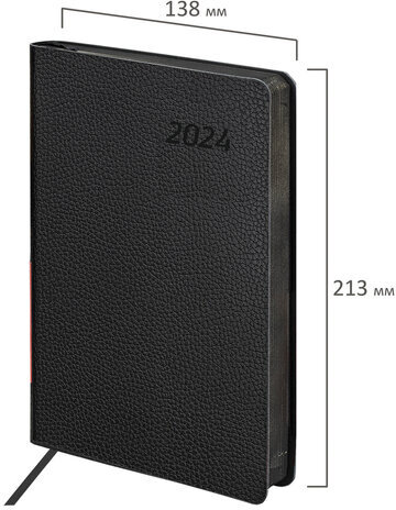 Ежедневник датированный 2024 А5 138x213 мм BRAUBERG "Stylish", под кожу, черный, 114889