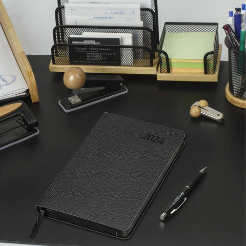 Ежедневник датированный 2024 А5 138x213 мм BRAUBERG "Stylish", под кожу, черный, 114889