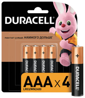 Батарейки КОМПЛЕКТ 4 шт., DURACELL Basic, AAA (LR03, 24А), алкалиновые, мизинчиковые, блистер, MN 2400 AAA LR3