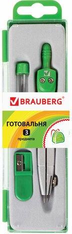 Готовальня BRAUBERG "Klasse", 3 предмета: циркуль 115 мм, грифель, точилка, пенал с подвесом, 210328