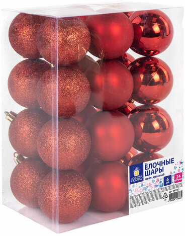 Шары ёлочные 24 шт., 6 см, "Trio", пластик, КРАСНЫЕ (глянец, матовый, глиттер), ЗОЛОТАЯ СКАЗКА, 592162