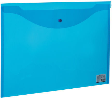 Папка-конверт с кнопкой БОЛЬШОГО ФОРМАТА (305х435 мм), А3, прозрачная, синяя, 0,18 мм, BRAUBERG, 224034