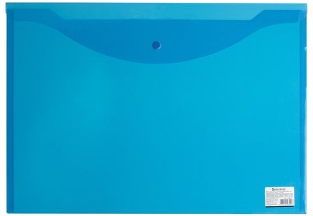 Папка-конверт с кнопкой БОЛЬШОГО ФОРМАТА (305х435 мм), А3, прозрачная, синяя, 0,18 мм, BRAUBERG, 224034