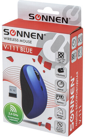 Мышь беспроводная SONNEN V-111, USB, 800/1200/1600 dpi, 4 кнопки, оптическая, синяя, 513519