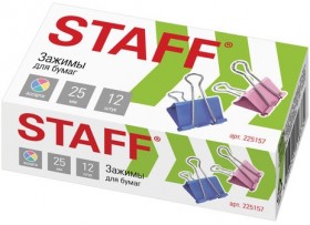 Зажимы для бумаг STAFF "Profit", КОМПЛЕКТ 12 шт., 25 мм, на 100 листов, цветные, картонная коробка, 225157
