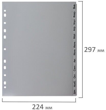 Разделитель пластиковый BRAUBERG, А4, 12 листов, Январь-Декабрь, оглавление, серый, РОССИЯ, 225599