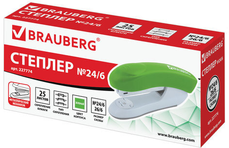 Степлер №24/6, 26/6 BRAUBERG "Original", до 25 листов, зеленый, 227774