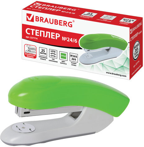 Степлер №24/6, 26/6 BRAUBERG "Original", до 25 листов, зеленый, 227774