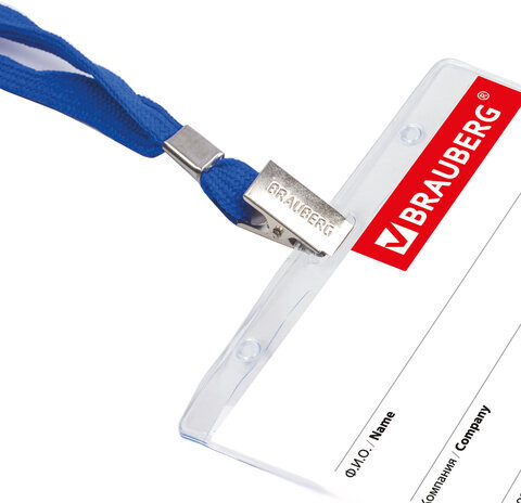 Бейдж горизонтальный (60х90 мм), на синей ленте 45 см, BRAUBERG, 231156