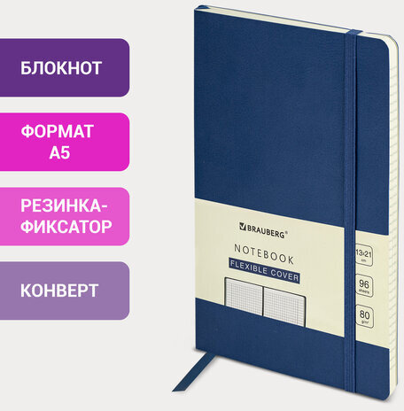 Блокнот А5 (130х210 мм), BRAUBERG ULTRA, под кожу, 80 г/м2, 96 л., клетка, темно-синий, 113005