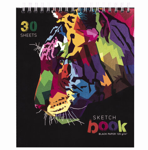 Скетчбук, черная бумага 120 г/м2, 170х195 мм, 30 л., гребень, цветная фольга, твин лак, "Тигр", 97699