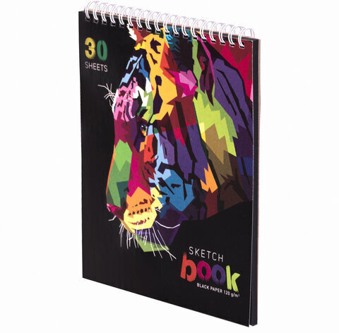 Скетчбук, черная бумага 120 г/м2, 170х195 мм, 30 л., гребень, цветная фольга, твин лак, "Тигр", 97699