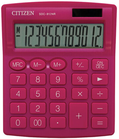 Калькулятор настольный CITIZEN SDC-812NRPKE, КОМПАКТНЫЙ (124х102 мм), 12 разрядов, двойное питание, РОЗОВЫЙ