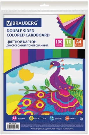 Картон цветной А4 ТОНИРОВАННЫЙ В МАССЕ, 100 листов 10 цветов, 220 г/м2, BRAUBERG, 124745