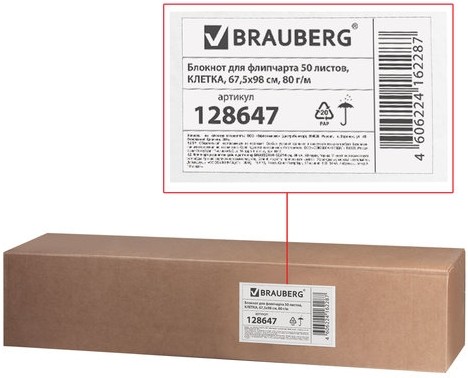 Блокнот для флипчарта BRAUBERG, 50 листов, клетка, 67,5х98 см, 80 г/м2, 128647