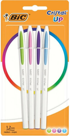 Ручки шариковые BIC "Cristal Up Fun", НАБОР 4 ЦВЕТА (салатовый, розовый, фиолетовый, голубой), узел 1 мм, линия 0,32 мм, блистер, 949870