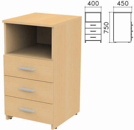 Тумба приставная "Канц", 400х450х750 мм, 3 ящика, полка, цвет бук невский, ТК31.10