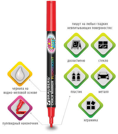 Маркер меловой "POP-ART" КРАСНЫЙ, 3,5 мм, стираемый, для гладких поверхностей, BRAUBERG, 151521