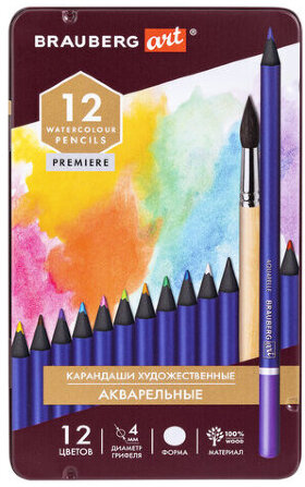 Карандаши художественные цветные акварельные BRAUBERG ART PREMIERE, 12 цветов, грифель 4 мм, металл, 181533