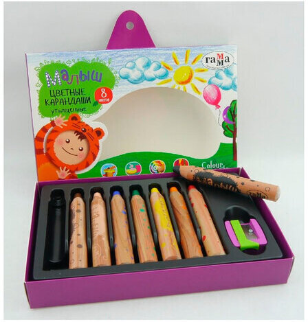 Карандаши цветные утолщенные ГАММА "Малыш", 8 цветов, заточенные, с точилкой, 051218_03