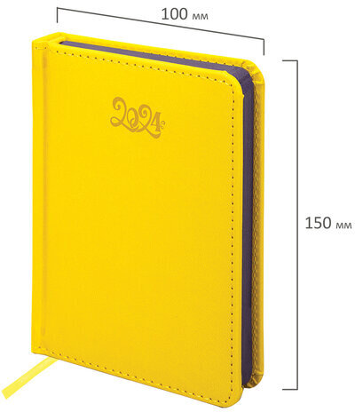 Ежедневник датированный 2024 МАЛЫЙ ФОРМАТ 100х150 мм А6, BRAUBERG "Rainbow", под кожу, желтый, 114790