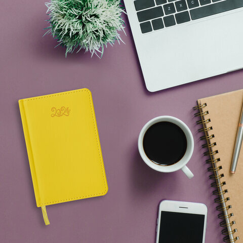 Ежедневник датированный 2024 МАЛЫЙ ФОРМАТ 100х150 мм А6, BRAUBERG "Rainbow", под кожу, желтый, 114790