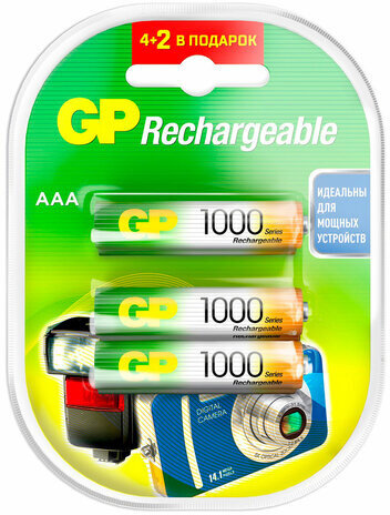 Батарейки аккумуляторные Ni-Mh мизинчиковые 6 шт. (ПРОМО 4+2) ААА (HR03) 930 mAh, GP, 100AAAHC4/2-2CR6