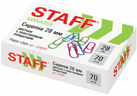 Скрепки STAFF "Manager", 28 мм, цветные, 70 шт., в картонной коробке, Россия, 224630