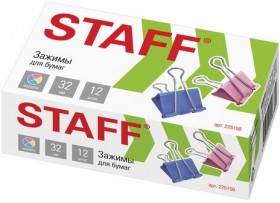 Зажимы для бумаг STAFF "Profit", КОМПЛЕКТ 12 шт., 32 мм, на 140 листов, цветные, картонная коробка, 225158