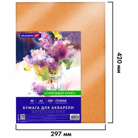 Бумага для акварели А3 40 л., 200 г/м2 ГОЗНАК СПб, в коробке, BRAUBERG ART CLASSIC, "СИРЕНЕВЫЙ БУКЕТ", 116886