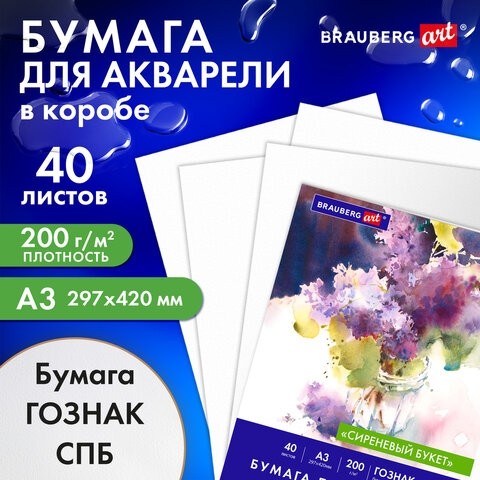 Бумага для акварели А3 40 л., 200 г/м2 ГОЗНАК СПб, в коробке, BRAUBERG ART CLASSIC, "СИРЕНЕВЫЙ БУКЕТ", 116886