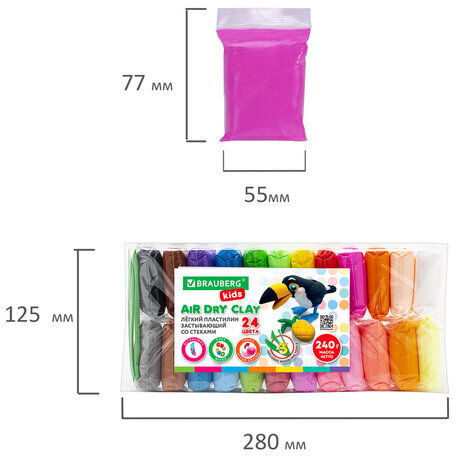 Пластилин супер лёгкий воздушный застывающий 24 цвета, 240 г, 3 стека, BRAUBERG KIDS, 106307