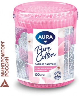 Ватные палочки КОМПЛЕКТ 100 шт., AURA, пластиковый стакан, 13143
