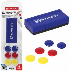 Набор для магнитно-маркерной доски (магнитный стиратель, магниты 30 мм - 6 шт., цвет ассорти), блистер, BRAUBERG, 231158