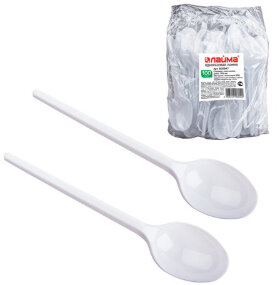 Ложка столовая одноразовая пластиковая 165 мм, белая, КОМПЛЕКТ 100 шт., БЮДЖЕТ, LAIMA, 600947
