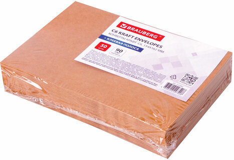 Конверты С6 (114х162 мм) КРАФТ, клей, 90 г/м2, КОМПЛЕКТ 50 шт., треугольный клапан, BRAUBERG, 112363, С6НКж-50