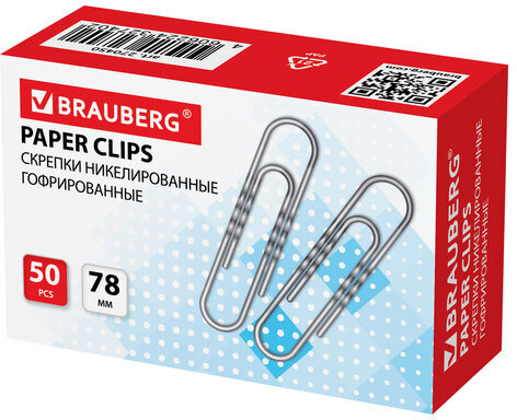 Скрепки большие 78 мм, BRAUBERG, никелированные, гофрированные, 50 шт., в картонной коробке, 270450