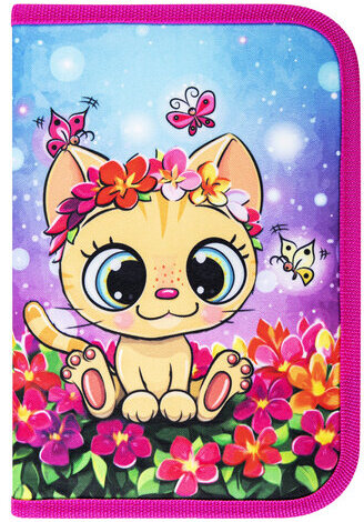 Пенал BRAUBERG с наполнением, 1 отделение, 1 откидная планка, 24 предмета, полиэстер, 21х14 см, "Charming kitten", 270722